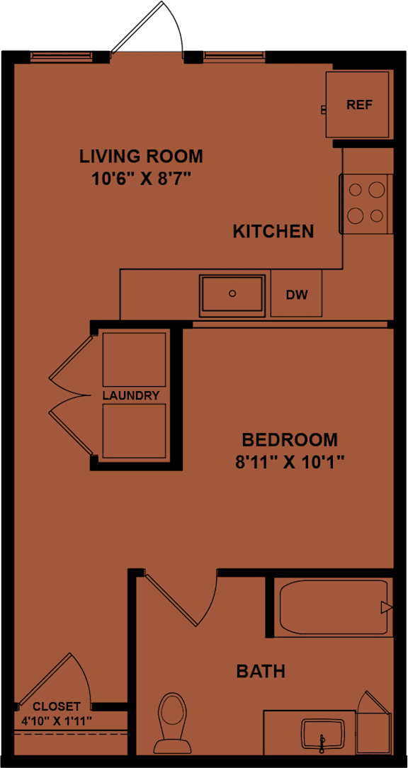 A floor plan of a small apartment with a living room, kitchen, bedroom, bathroom, and laundry space.