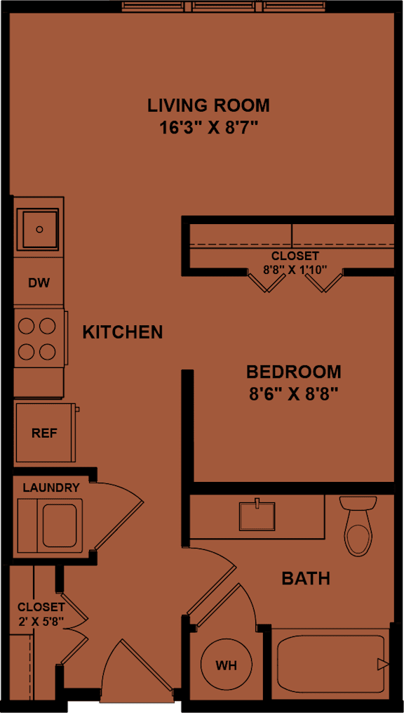 A floor plan of a small apartment with a living room, kitchen, bedroom, bathroom, and laundry area.