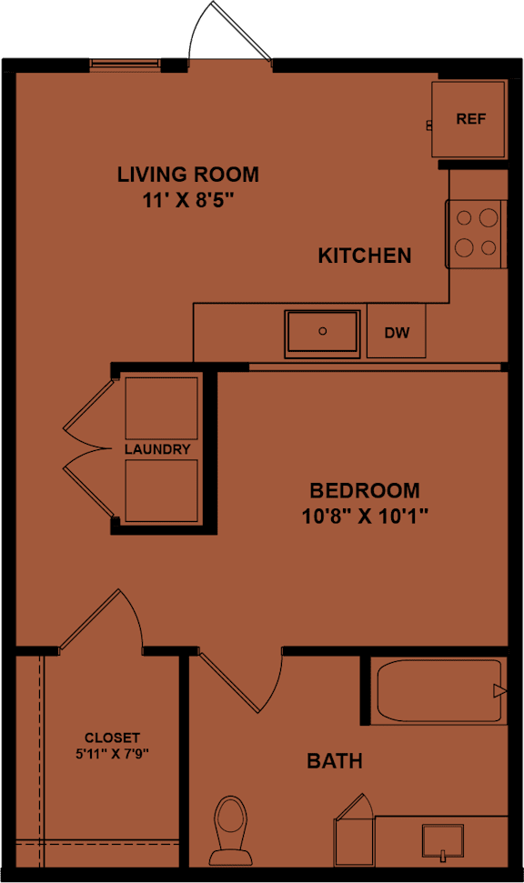 A floor plan of a small apartment with a living room, kitchen, bedroom, bathroom, and laundry space.
