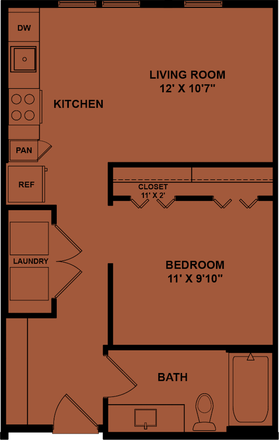 A floor plan of a small apartment with a living room, kitchen, laundry, bedroom, and bathroom.
