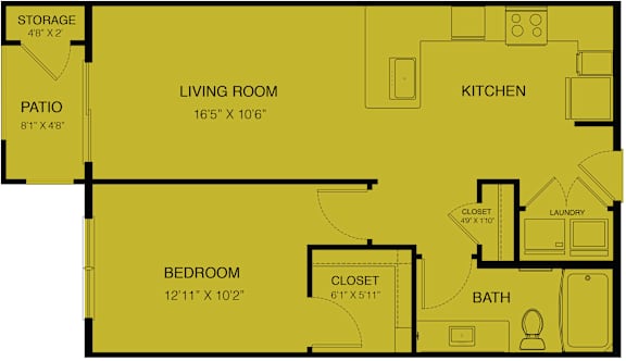A floor plan of a house with a living room, kitchen, bedroom, bathroom, and laundry room.