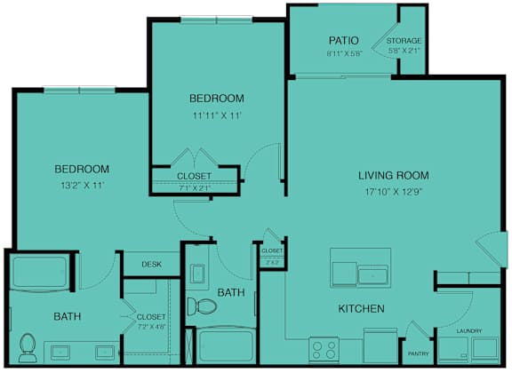 A floor plan of a house with a living room, two bedrooms, a bathroom, a kitchen, a pantry, a closet, a desk, and a patios.