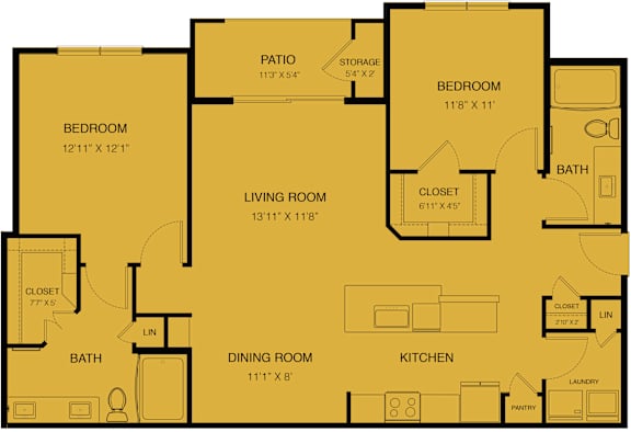 A yellow floor plan of a house with a living room, two bedrooms, a dining room, a kitchen, a pantry, two bathrooms, and a laundry area.
