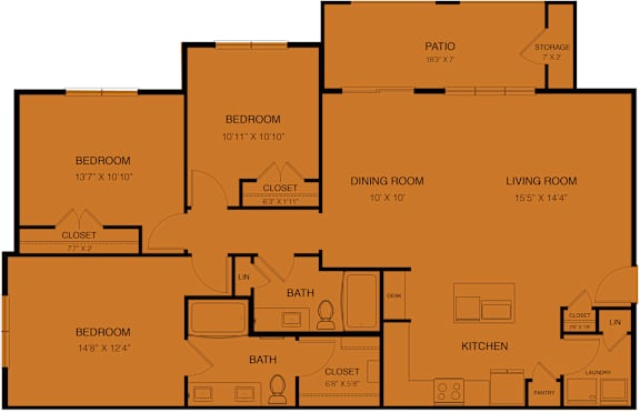 A diagram of a house layout with labeled rooms and dimensions.