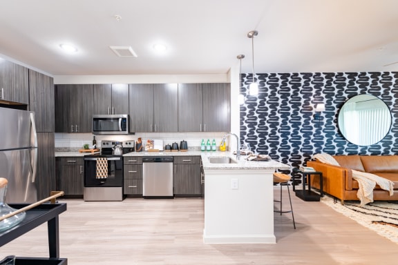 a kitchen and living room with gray cabinets and a blue and white patterned wall at Avery Ranch, Austin, 78717
