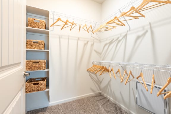 a walk in closet with white walls and a white closet door with gold hangers