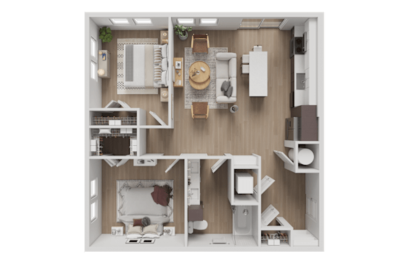 A detailed 3D floor plan of a small apartment layout.
