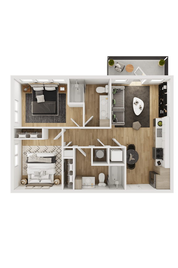 A top-down view of a small, neatly organized apartment.
