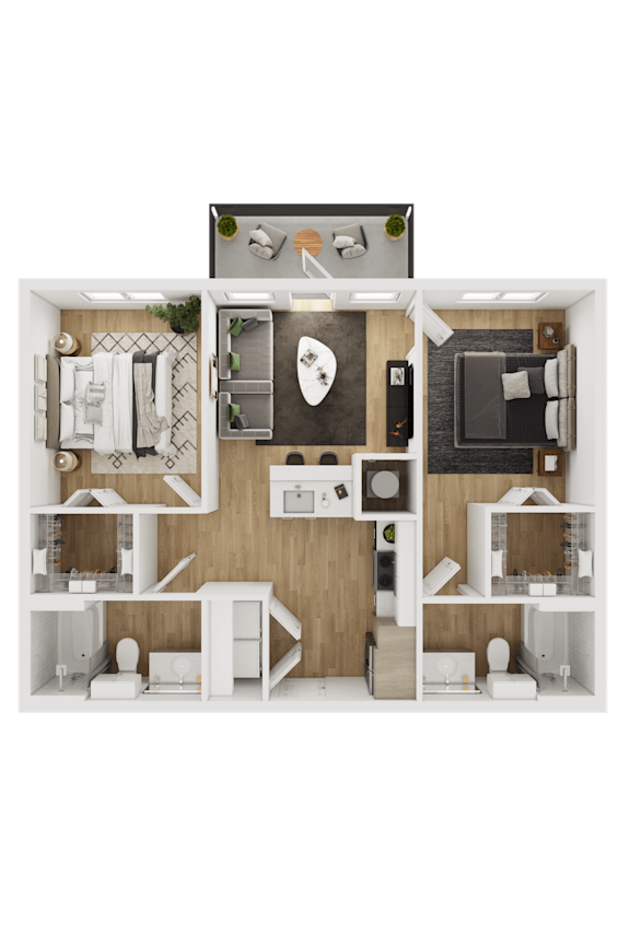 A top-down view of a small apartment layout with a kitchen, living room, and bathroom.
