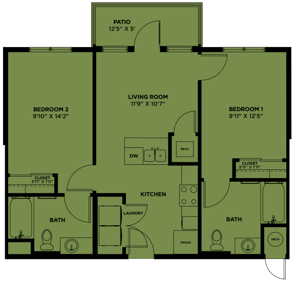 the floor plan of a bedroom apartment