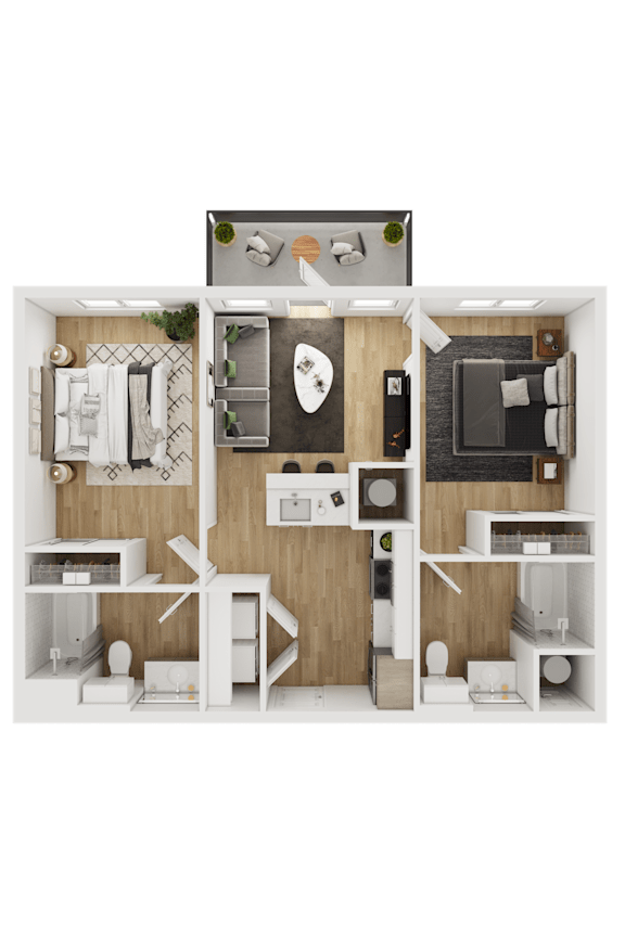 A 3D floor plan of a small apartment with a kitchen, living room, and bathroom.