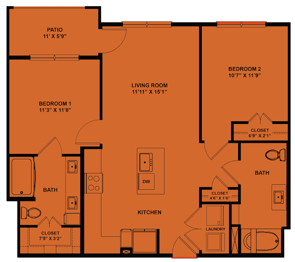 A floor plan of a house with a patio, two bedrooms, a living room, a kitchen, a bath, and a laundry area.