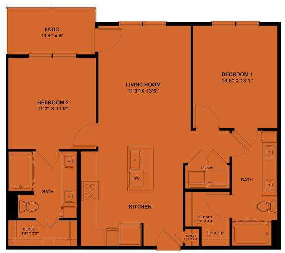 A floor plan of a house with a living room, two bedrooms, a kitchen, a bath, and a closet.