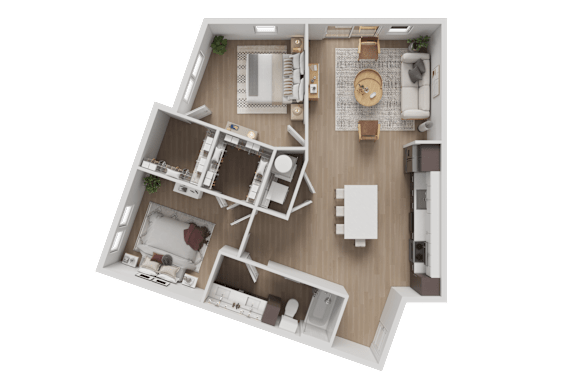 A 3D floor plan of a house with a kitchen, living room, and two bedrooms.
