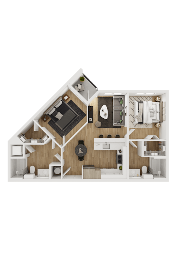A top-down view of a house layout with a kitchen, living room, and bedrooms.