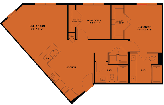 A floor plan of a house with a living room, kitchen, and two bedrooms.