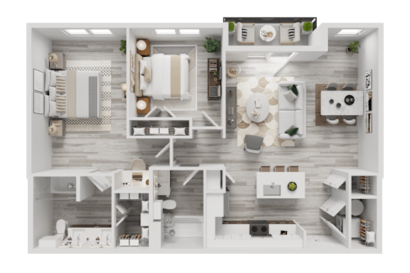 3D floor plan with two bedrooms and open living at Cantarra Apartments, Texas