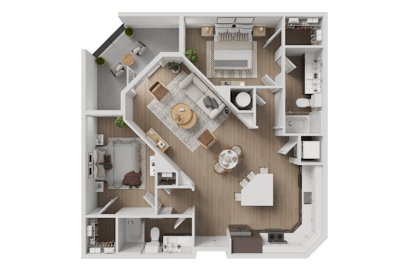 A top-down view of a house layout with a central living area, kitchen, and bedrooms.