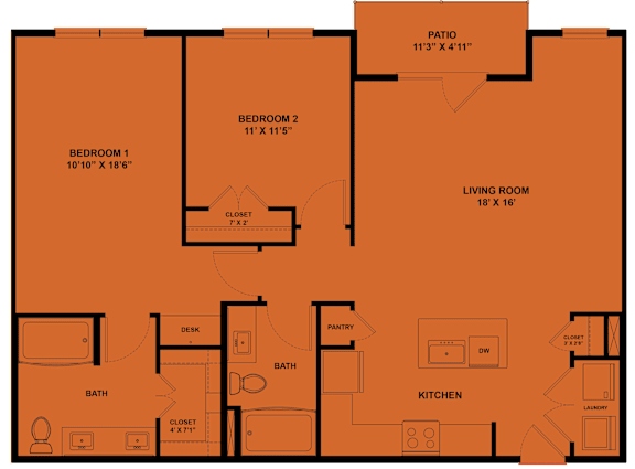 A floor plan of a house with a living room, kitchen, two bedrooms, a bath, and a patio.