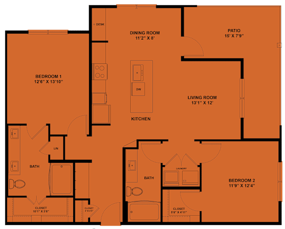 A floor plan of a house with two bedrooms, a living room, a dining room, a kitchen, a bath, and a patio.