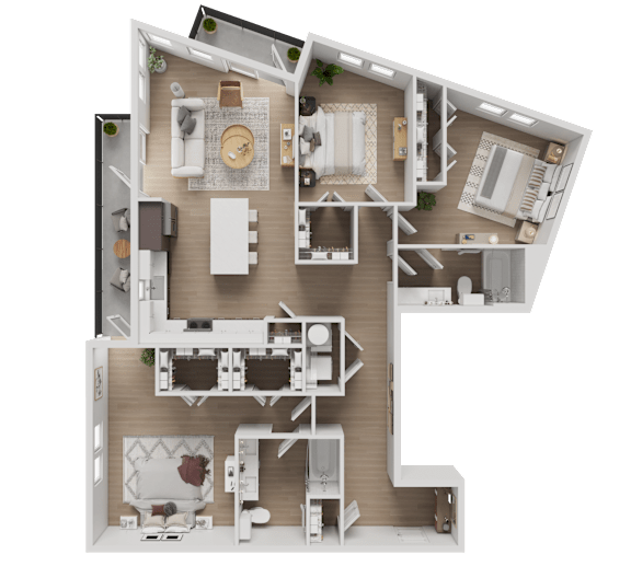 A detailed 3D floor plan of a house showing all rooms and their layouts.