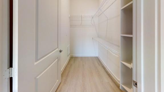 A white pantry with a white door and white shelves.
