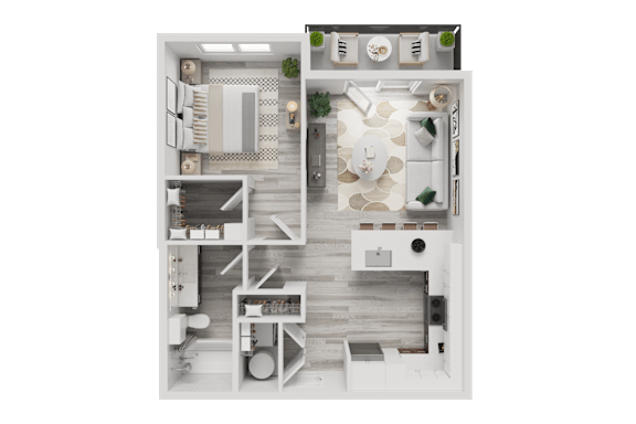 3D floor plan with bedroom living area and kitchen 1 at Cantarra Apartments, Texas, 78653