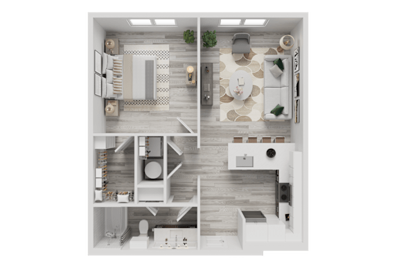 3D floor plan with bedroom living and dining areas at Cantarra Apartments, Manor, TX 78653