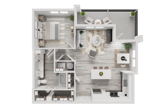3D furnished floor plan with bedroom and living areas at Cantarra Apartments, Manor, 78653
