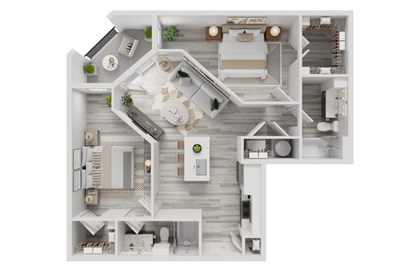 3D floor plan with two bedrooms and central dining space at Cantarra Apartments, Manor, TX 78653