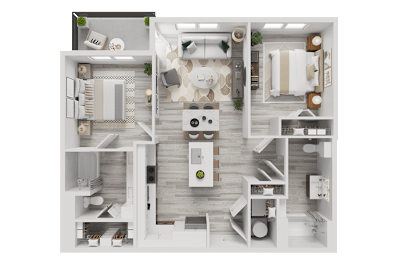 3D furnished floor plan with two bedrooms and bathrooms at Cantarra Apartments, Manor, TX