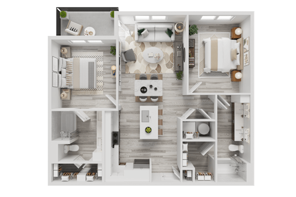 3D floor plan with two bedrooms and open living space at Cantarra Apartments, Manor, 78653