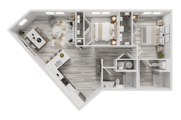 3D floor plan with multiple bedrooms and bathrooms at Cantarra Apartments, Manor, Texas
