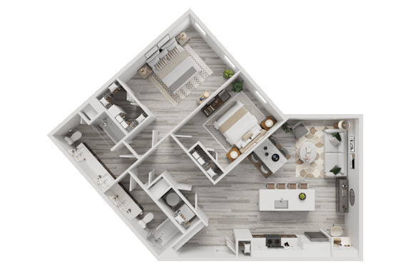 3D furnished floor plan with two bedrooms and open living at Cantarra Apartments, Manor