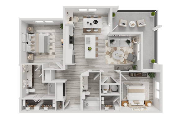 3D floor plan with two bedrooms and balcony at Cantarra Apartments, Texas