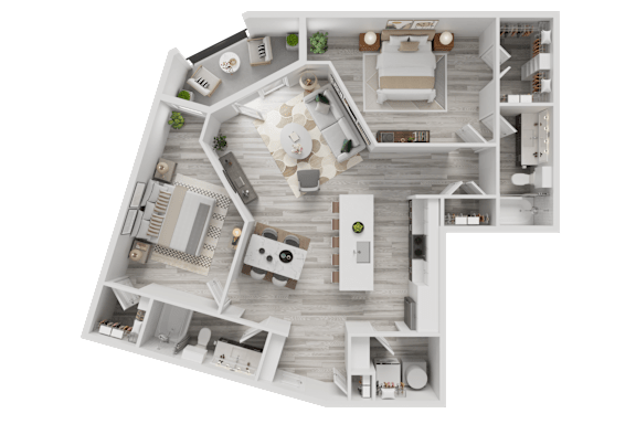 3D floor plan with open living dining and bedroom suite at Cantarra Apartments, Texas, 78653
