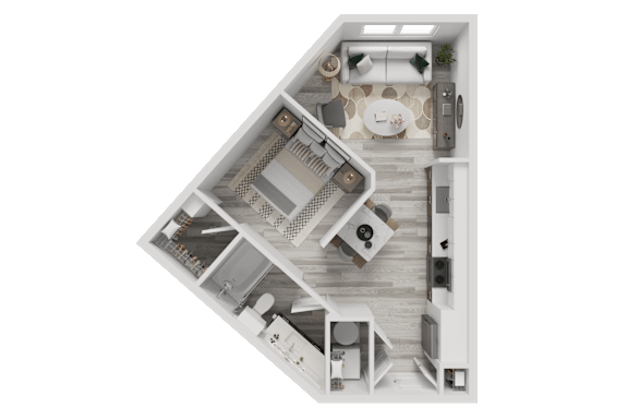 3D furnished studio floor plan with angled layout at Cantarra Apartments, Manor, TX 78653