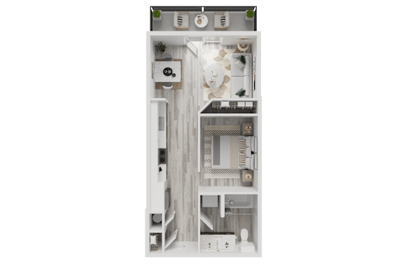 3D studio floor plan with balcony and full bath at Cantarra Apartments, Manor, TX