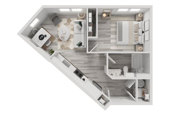 3D overhead floor plan with angled kitchen and bedroom suite at Cantarra Apartments, Manor, 78653