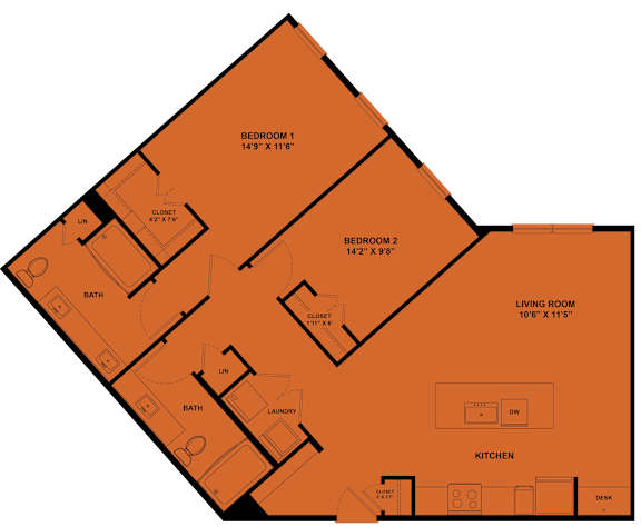A floor plan of a house with two bedrooms, a living room, a kitchen, and two bathrooms.