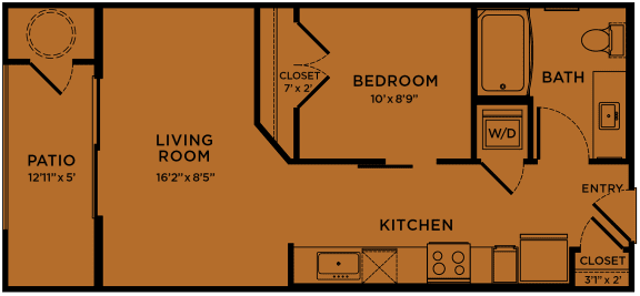 E1 80% MFI affordable studio / efficiency apartment floorplan at Bridge at Paloma