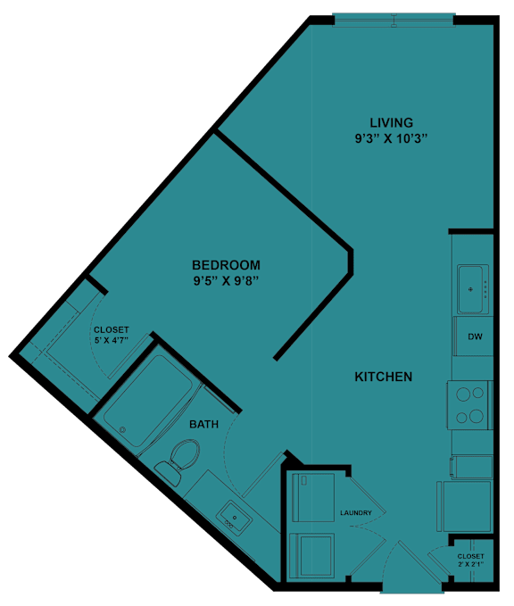 A floor plan of a small apartment with a living room, bedroom, kitchen, bathroom, and laundry area.