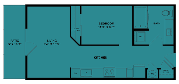 A blueprint of a house layout with a bedroom, living room, kitchen, bathroom, and patio.