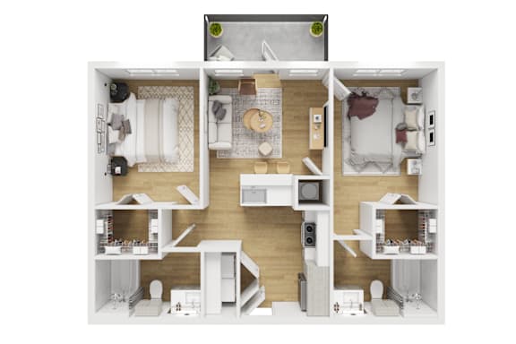 3D floor plan with two bedrooms and bathrooms 3 at Matador Apartments, Austin, 78745