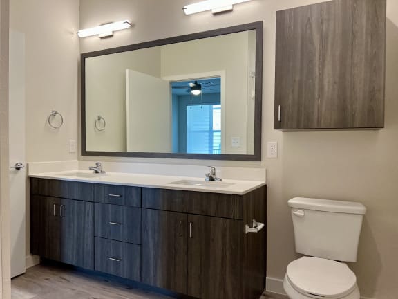 a bathroom with a toilet sink and mirror