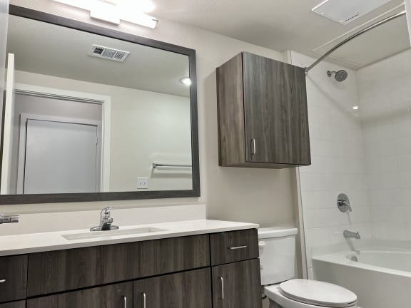 a bathroom with a toilet sink mirror and bathtub