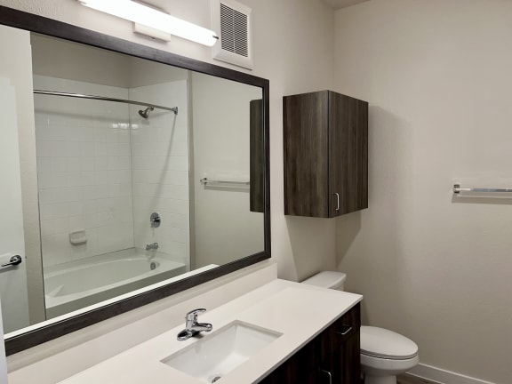 a bathroom with a toilet sink mirror and shower