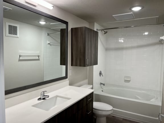 a bathroom with a sink toilet and bathtub