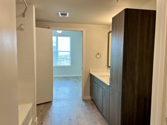 Bathroom with tall storage cabinet and vanity at Bridge at Windsor Park Apartments, Texas