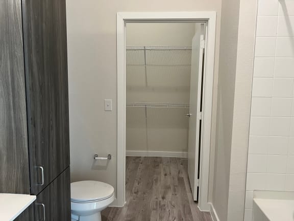 Bathroom with walk-in closet featuring wire shelving at Bridge at Windsor Park Apartments, Austin, 78723